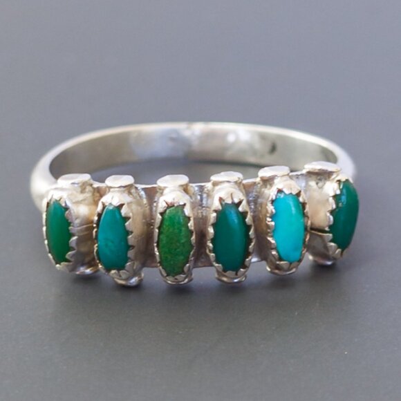 H. Lonjose Zuni Sterling Turquoise Row Ring — Size 7.5 - Picture 8 of 15